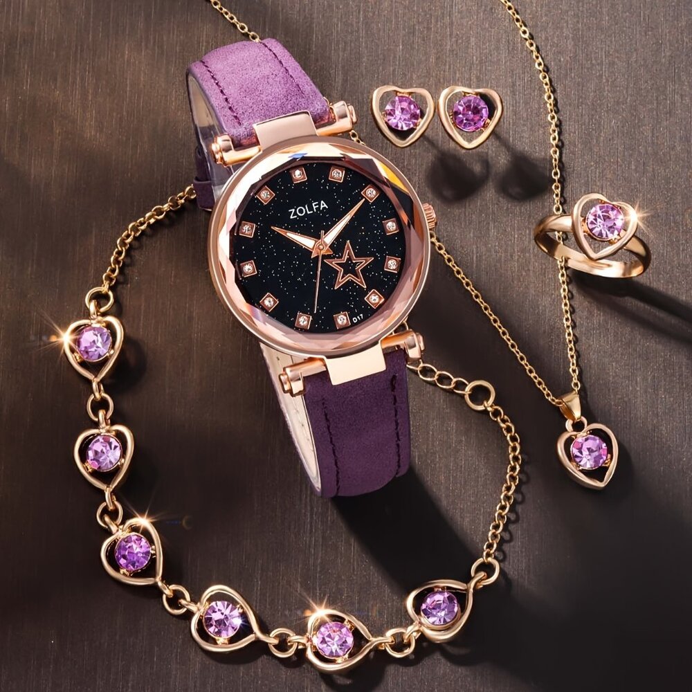5 pcs Quartz Pu Leather Wrist Watch and Necklace Set - Picture 5 of 8